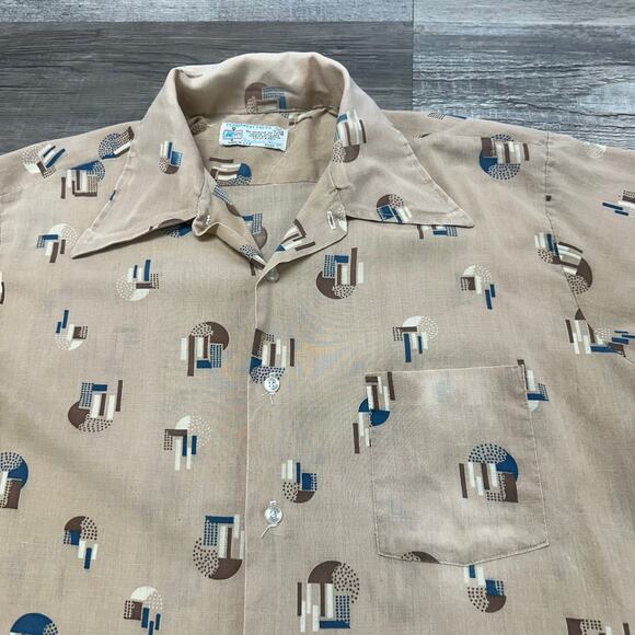 Vintage 70s K-Mart Permanent Press Geometric AOP Mens L 16 Button Up Shirt USA - Picture 1 of 7